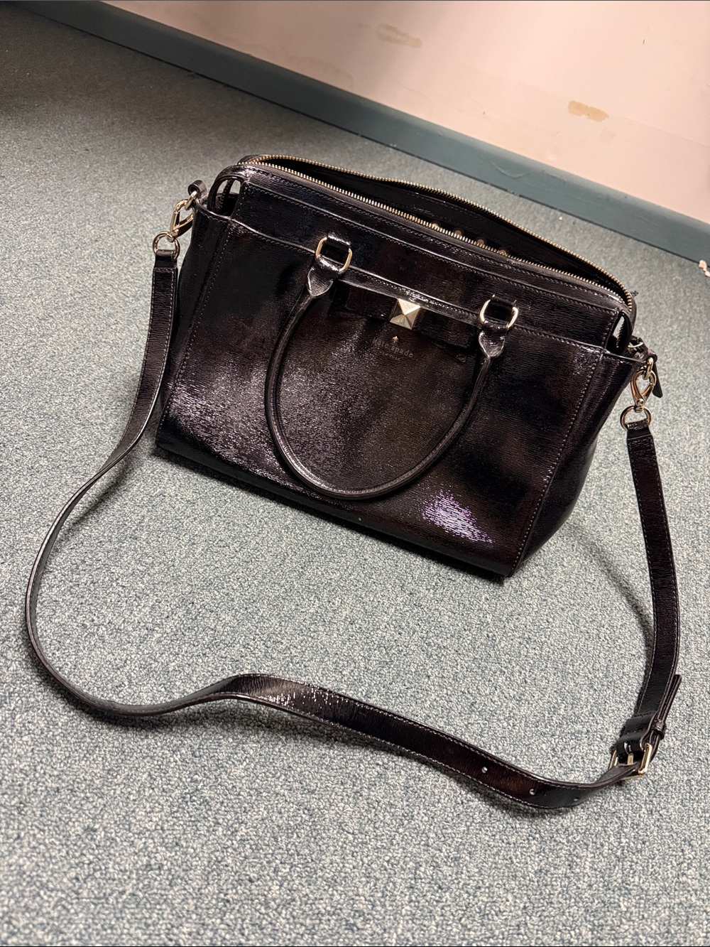 kate spade Black Patent Leather Satchel with Detachable Strap and Gold Hardware